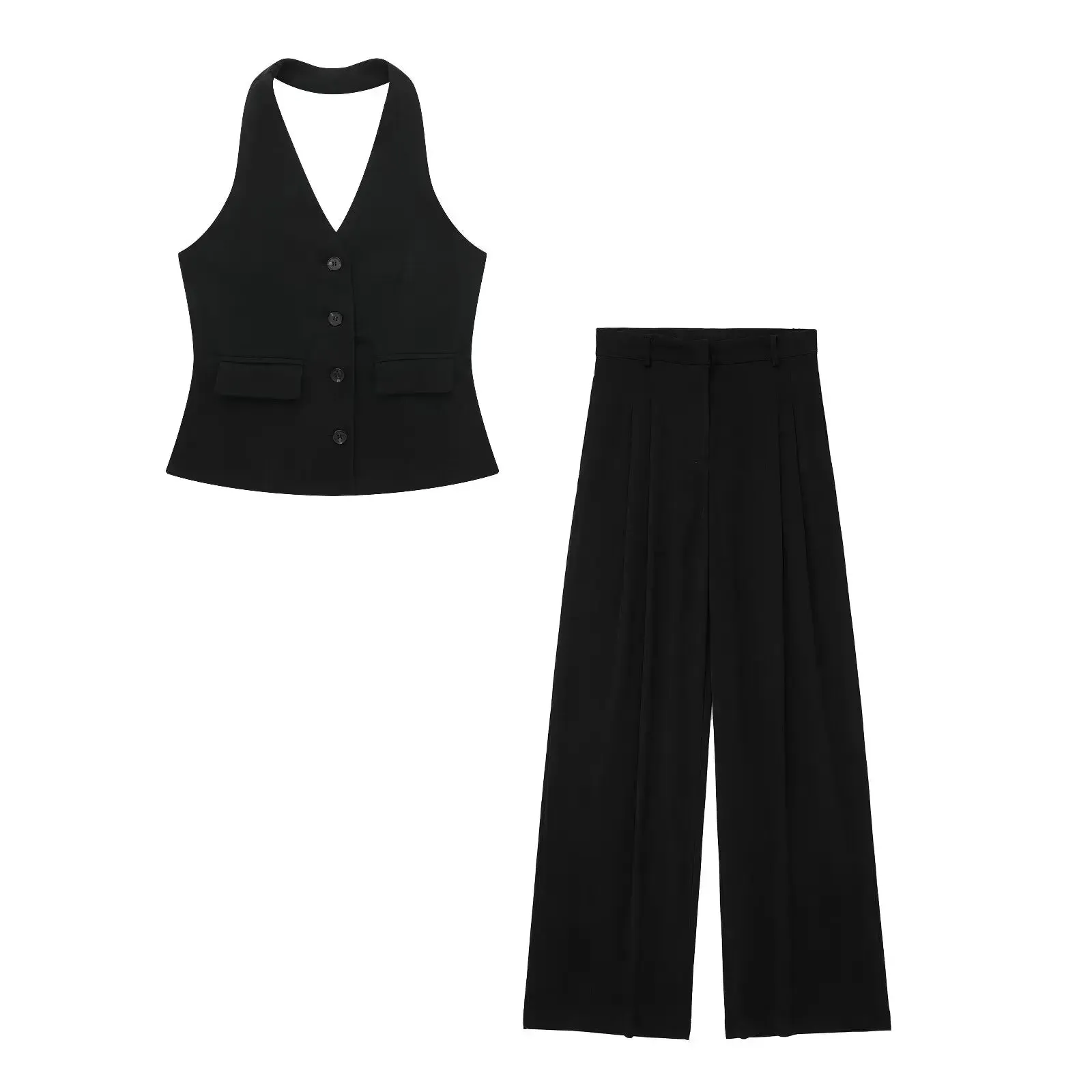 TRAF Women 2 Piece Set Halter Neck Single-Breasted Pocket Sleeveless Halter Vest Tops High Waist Zipper Pockets Wide Leg Pant
