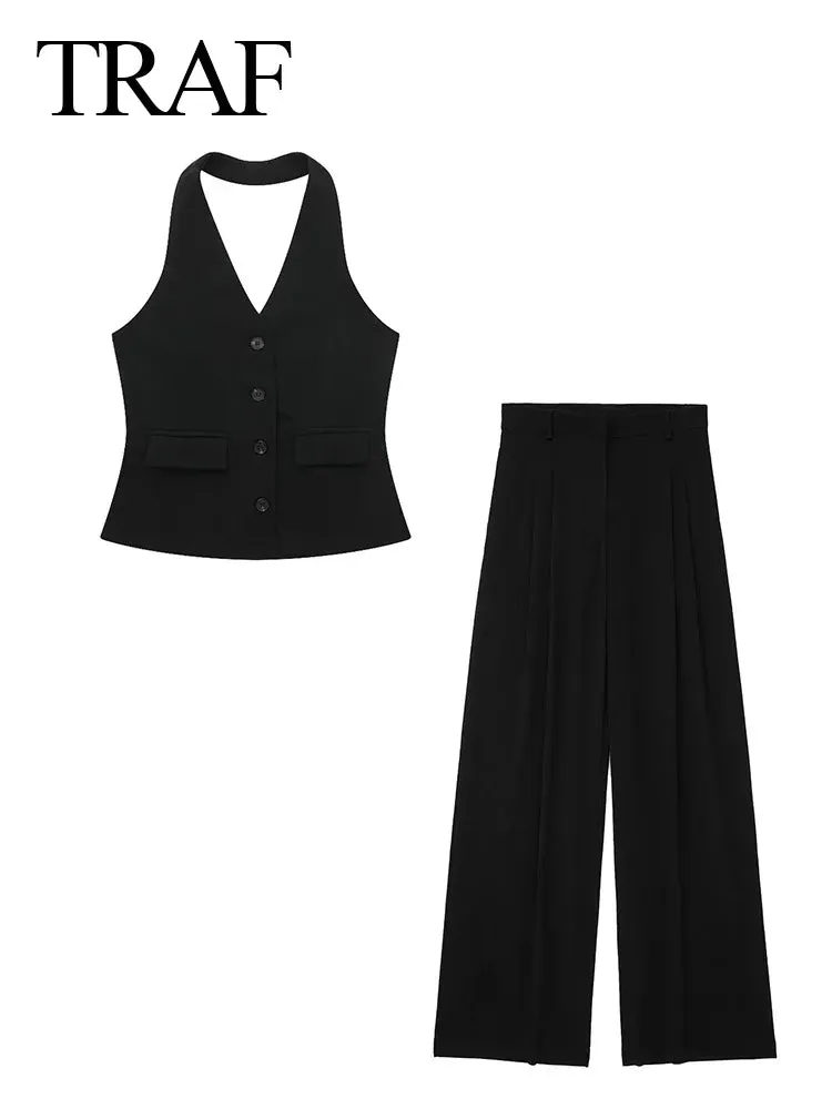 TRAF Women 2 Piece Set Halter Neck Single-Breasted Pocket Sleeveless Halter Vest Tops High Waist Zipper Pockets Wide Leg Pant