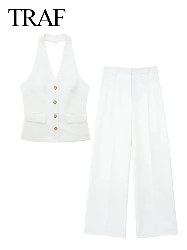 TRAF Women 2 Piece Set Halter Neck Single-Breasted Pocket Sleeveless Halter Vest Tops High Waist Zipper Pockets Wide Leg Pant