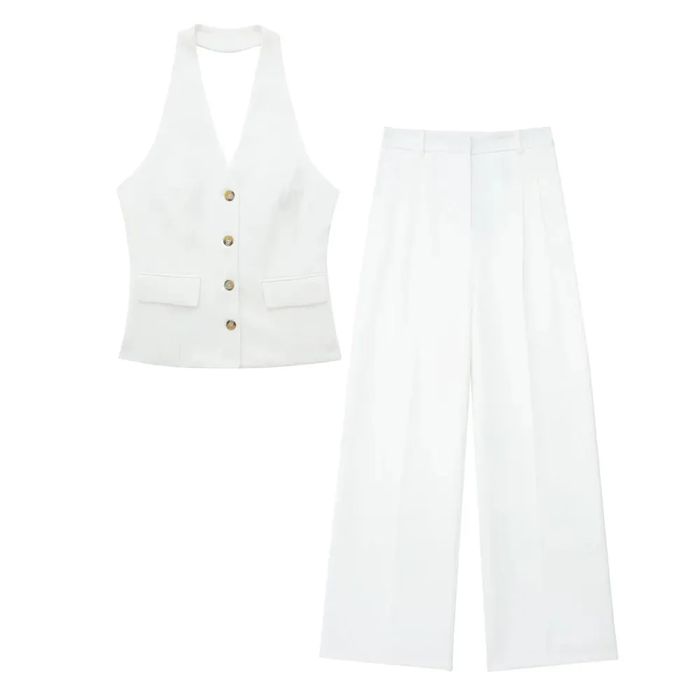 TRAF Women 2 Piece Set Halter Neck Single-Breasted Pocket Sleeveless Halter Vest Tops High Waist Zipper Pockets Wide Leg Pant