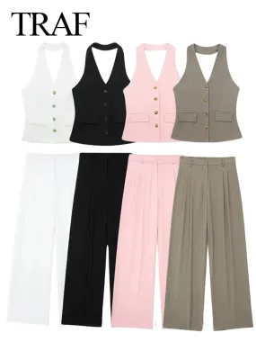 TRAF Women 2 Piece Set Halter Neck Single-Breasted Pocket Sleeveless Halter Vest Tops High Waist Zipper Pockets Wide Leg Pant