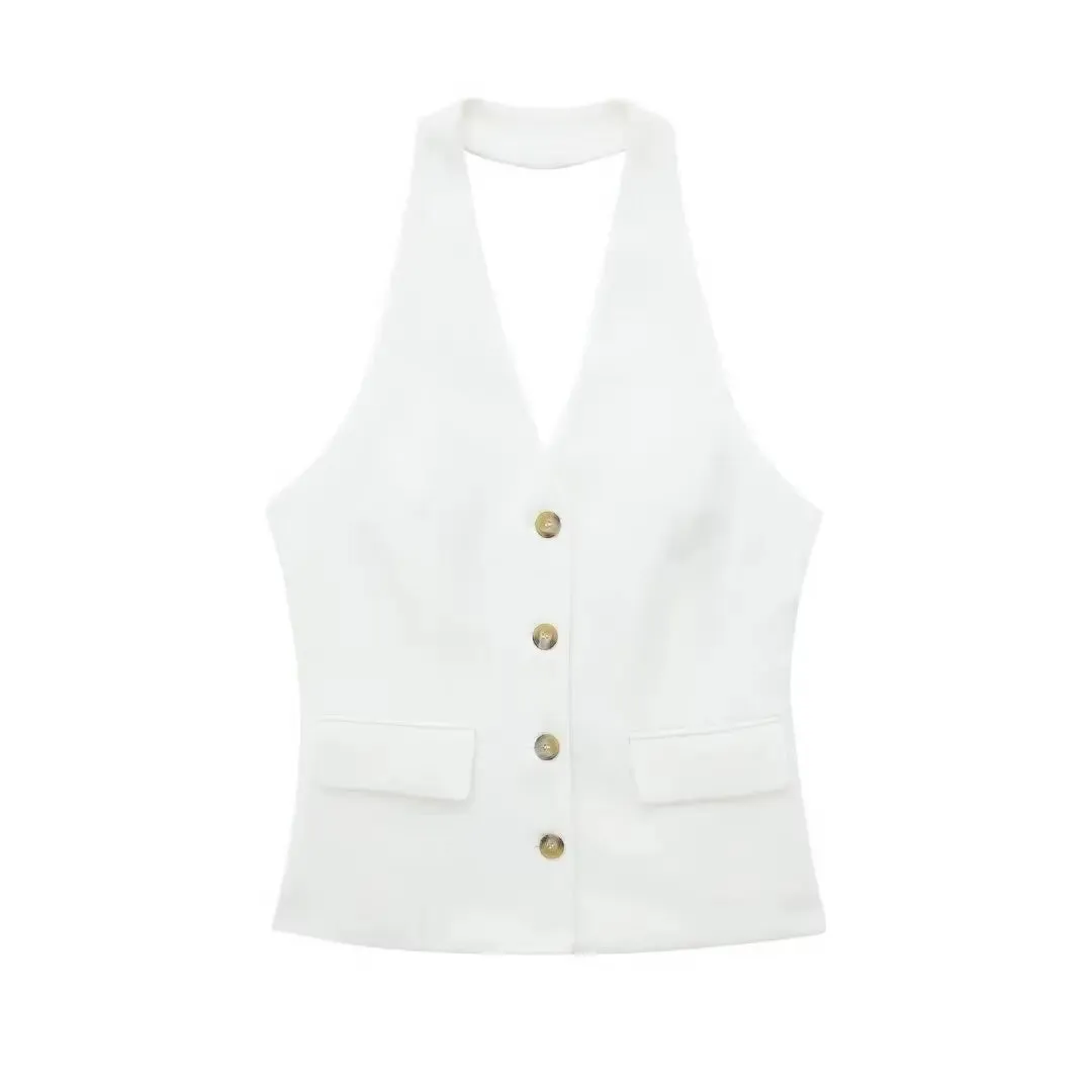 TRAF Women 2 Piece Set Halter Neck Single-Breasted Pocket Sleeveless Halter Vest Tops High Waist Zipper Pockets Wide Leg Pant