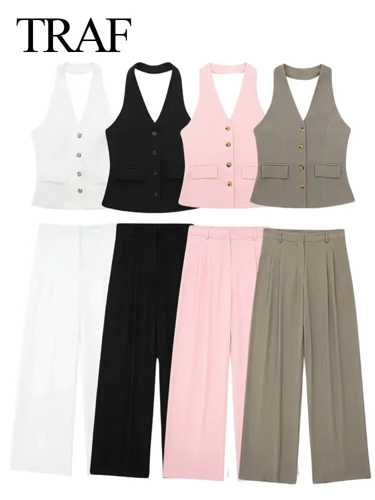 TRAF Women 2 Piece Set Halter Neck Single-Breasted Pocket Sleeveless Halter Vest Tops High Waist Zipper Pockets Wide Leg Pant