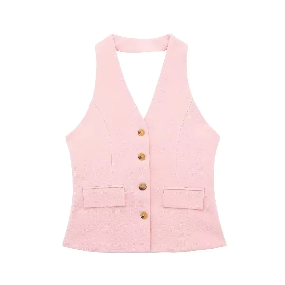 TRAF Women 2 Piece Set Halter Neck Single-Breasted Pocket Sleeveless Halter Vest Tops High Waist Zipper Pockets Wide Leg Pant