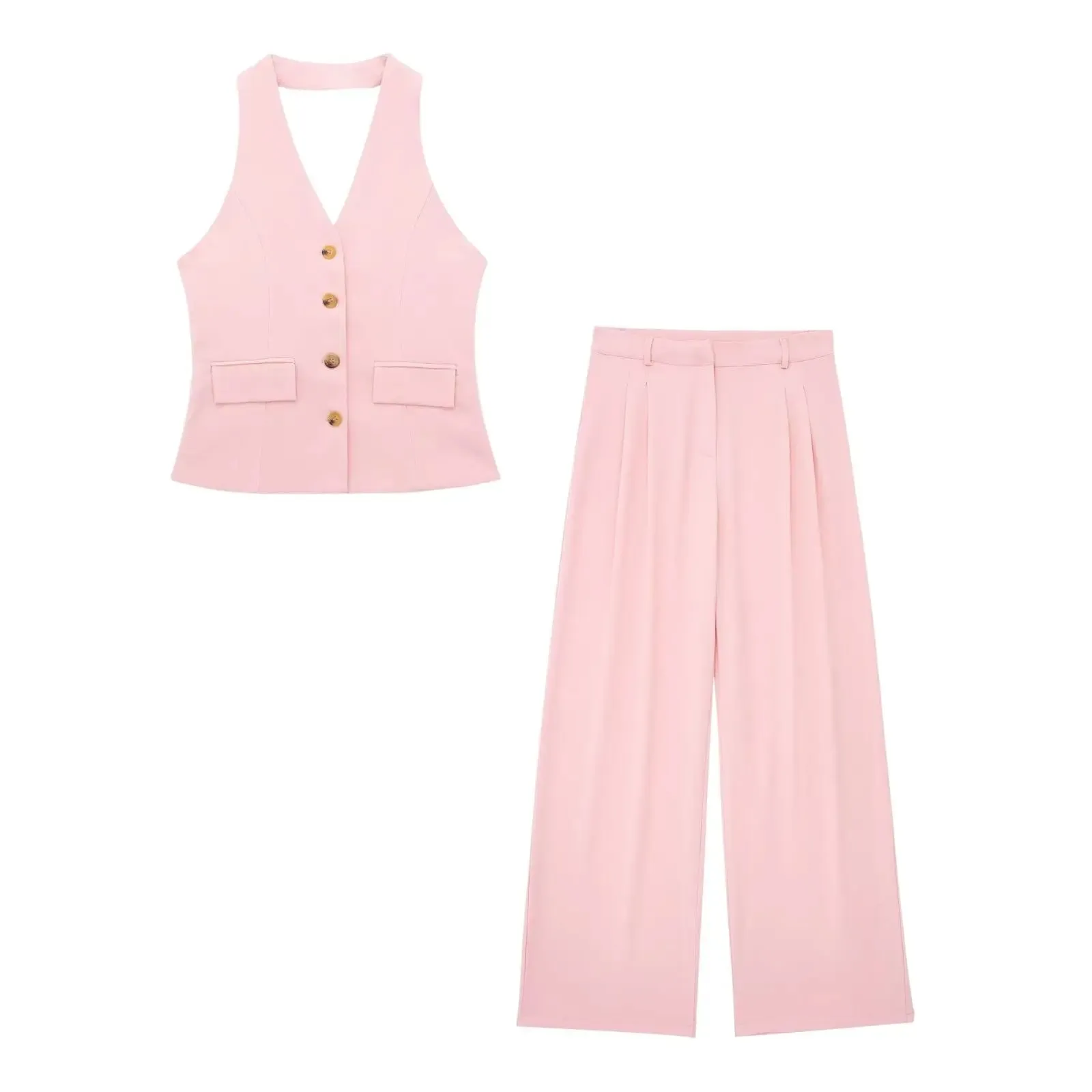 TRAF Women 2 Piece Set Halter Neck Single-Breasted Pocket Sleeveless Halter Vest Tops High Waist Zipper Pockets Wide Leg Pant