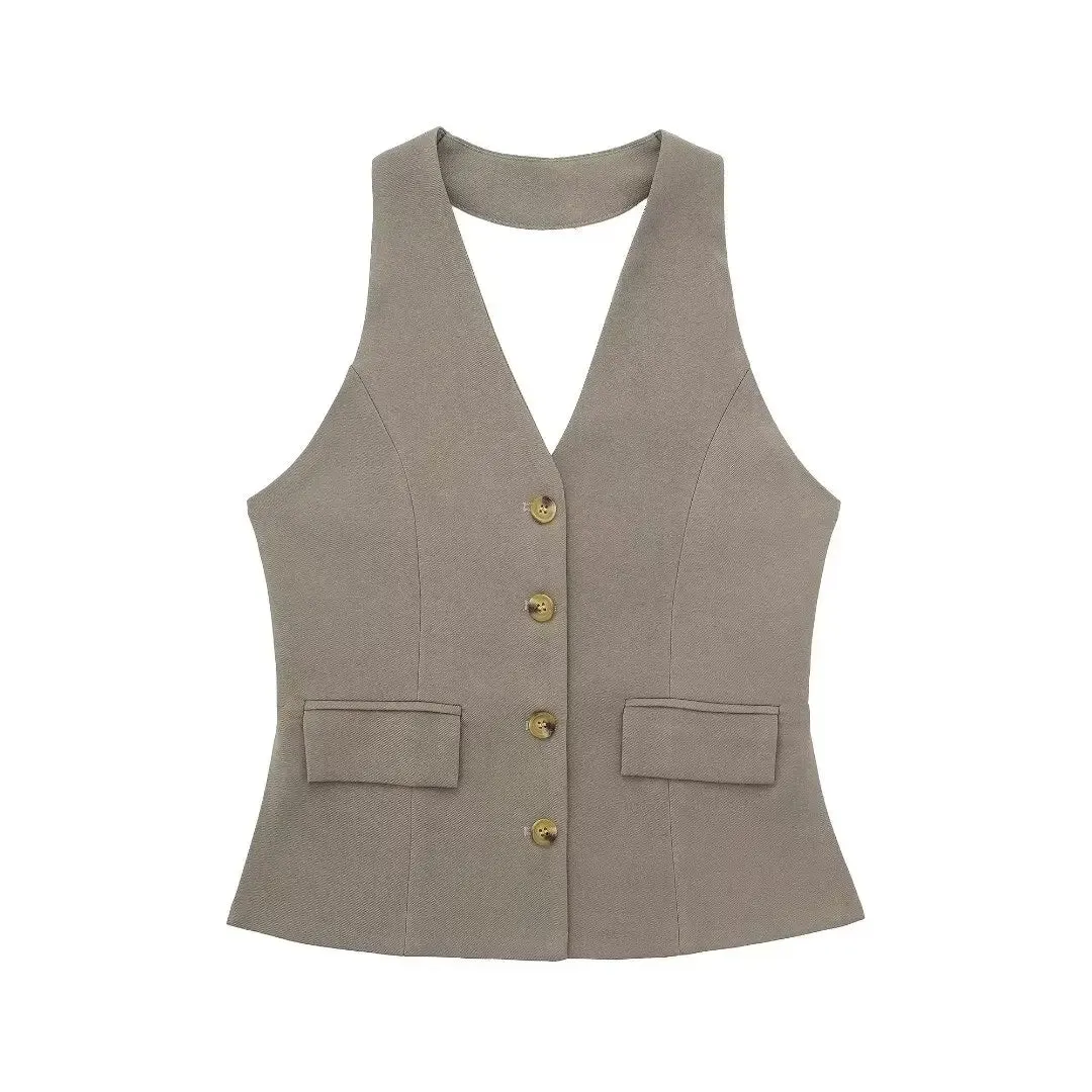 TRAF Women 2 Piece Set Halter Neck Single-Breasted Pocket Sleeveless Halter Vest Tops High Waist Zipper Pockets Wide Leg Pant