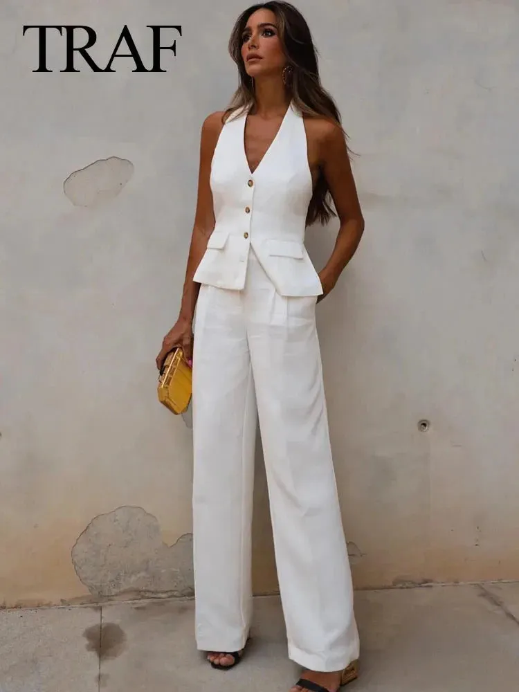 TRAF Women 2 Piece Set Halter Neck Single-Breasted Pocket Sleeveless Halter Vest Tops High Waist Zipper Pockets Wide Leg Pant