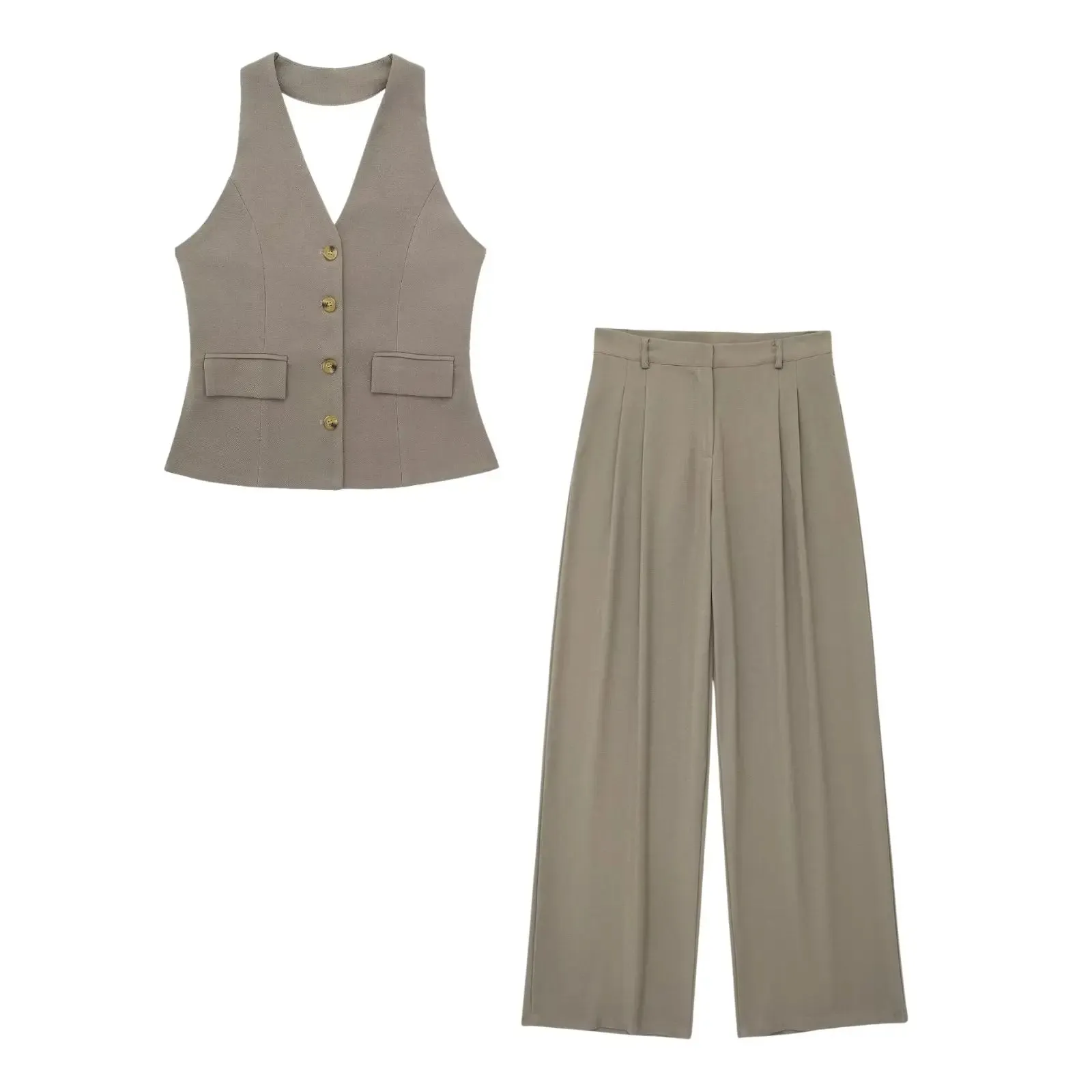 TRAF Women 2 Piece Set Halter Neck Single-Breasted Pocket Sleeveless Halter Vest Tops High Waist Zipper Pockets Wide Leg Pant