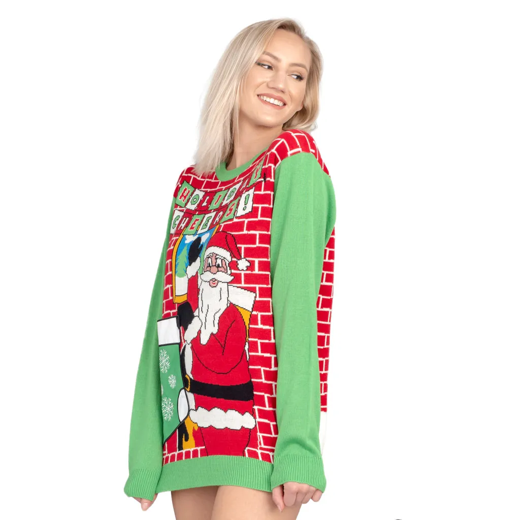 Womens Festive Santa Ugly Christmas Sweater with Beer Holder Stocking